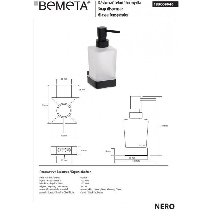 Dispenser di sapone liquido NERO in ottone nero e vetro / 250ml