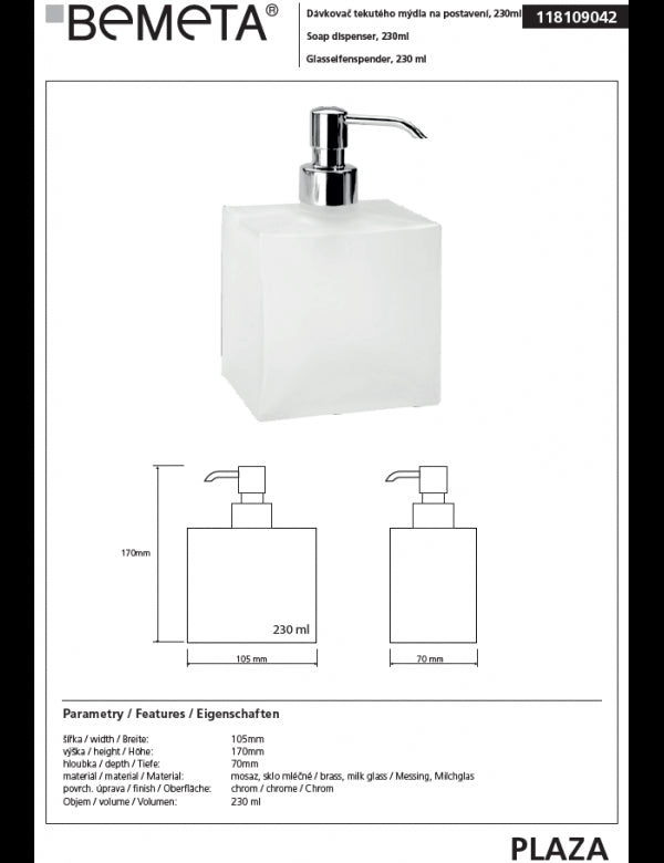 Dispenser Sapone Liquido PLAZA 7x10,5x17 cm