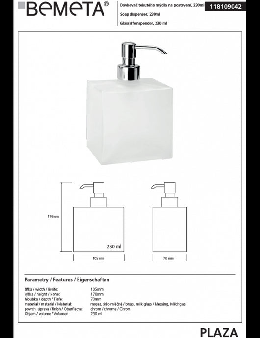 Dispenser Sapone Liquido PLAZA 7x10,5x17 cm