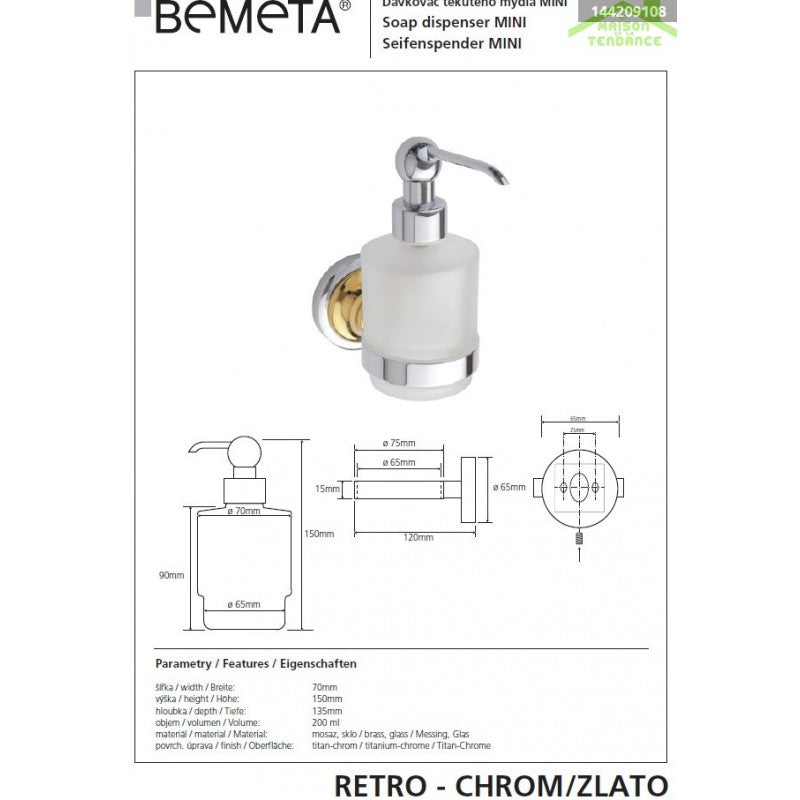 Dispenser Sapone Liquido RETRO in Vetro e Ottone Cromo-Oro / 200 ml