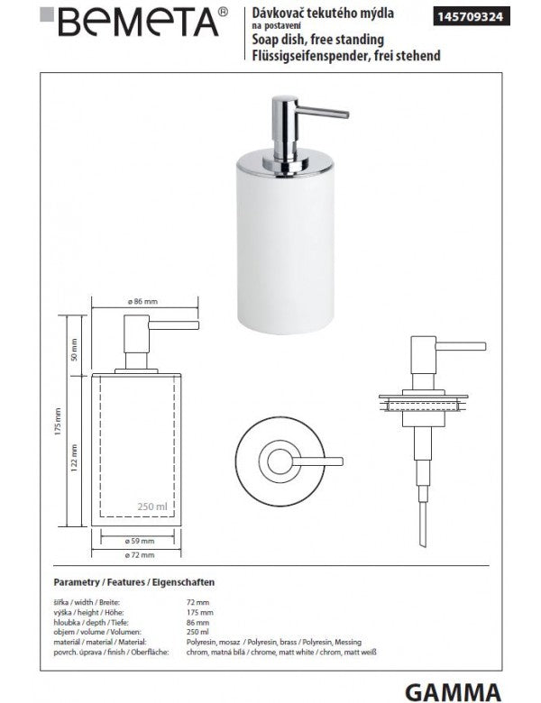Dispenser Sapone Liquido Rotondo GAMMA in Ottone Cromo Bianco Opaco / 250 ml