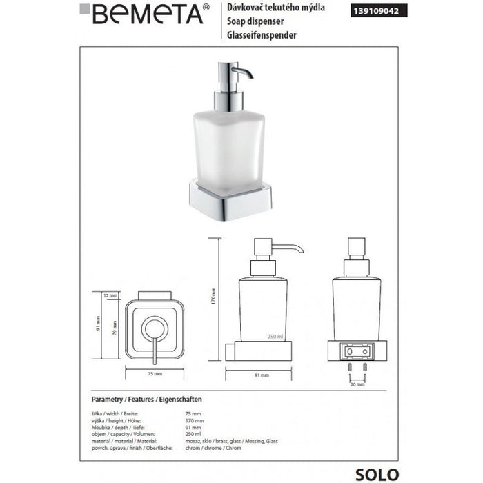 SOLO Dispenser di sapone liquido in ottone cromato e vetro / 250ml