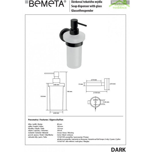 Dispenser sapone da parete DARK in ottone nero e vetro 19x13,3x8 cm /230ml