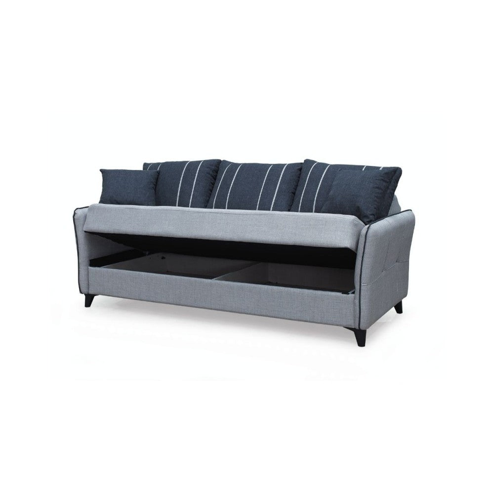 Divano 3 posti funzione letto contenitore Panama in tessuto grigio chiaro e cuscini grigio scuro 210x94x80h