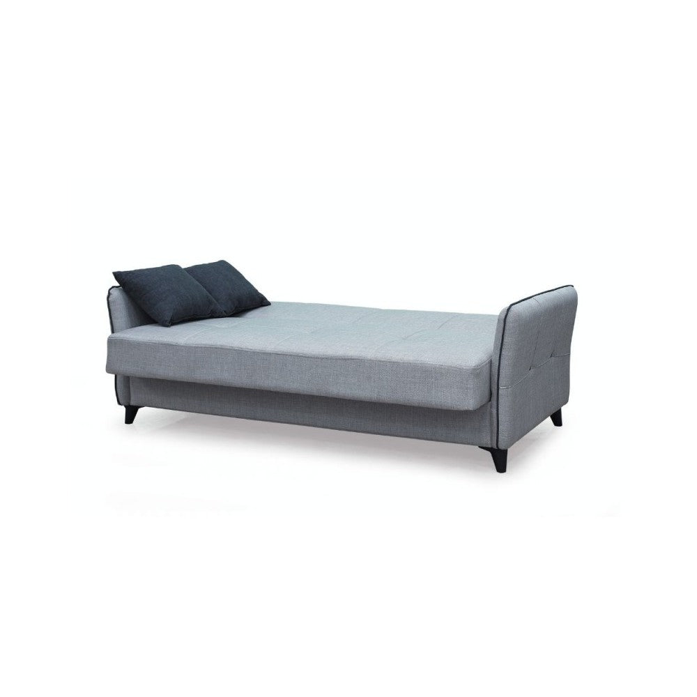 Divano 3 posti funzione letto contenitore Panama in tessuto grigio chiaro e cuscini grigio scuro 210x94x80h