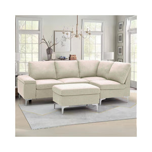 Divano angolare destro tessuto beige Dina con bracciolo porta oggetti 218X172X87H