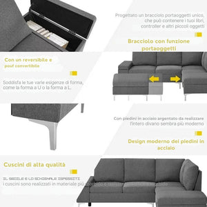 Divano angolare destro tessuto beige Dina con bracciolo porta oggetti 218X172X87H