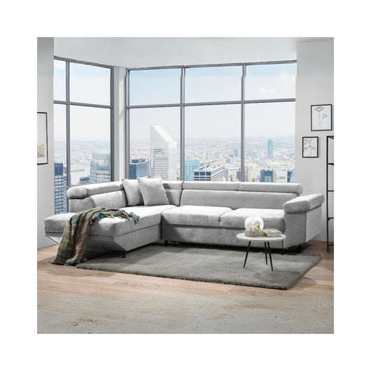 Divano angolare letto estraibile e penisola contenitore sinistra Denver colore grigio chiaro Ronda80 297x206x77H