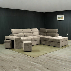 Divano angolare reversibile Positano cappuccino con poggiatesta regolabili, pouf e funzione letto