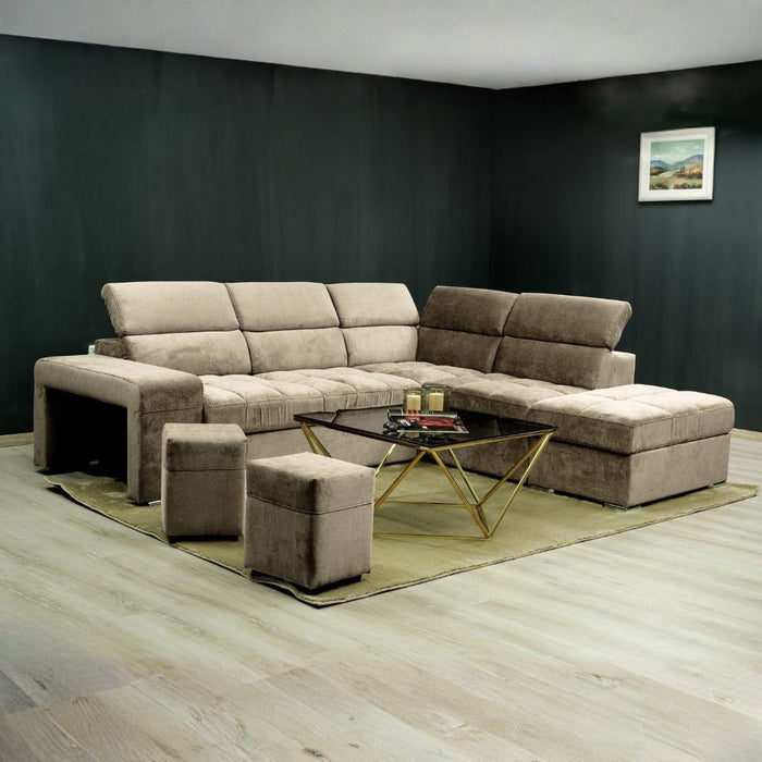 Divano angolare reversibile Positano cappuccino con poggiatesta regolabili, pouf e funzione letto