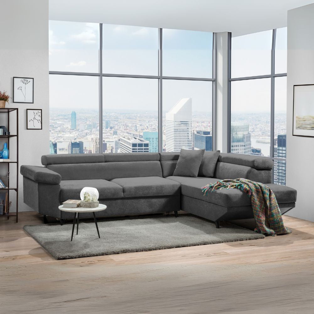 Divano con funzione letto e penisola contenitore destra Denver grigio tessuto Degas92