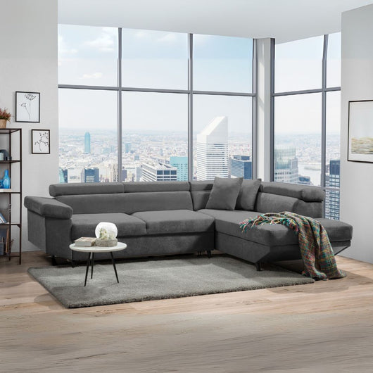 Divano con funzione letto e penisola contenitore destra Denver grigio tessuto Degas92