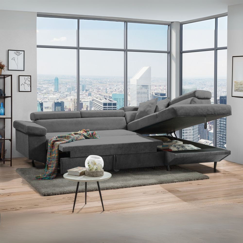 Divano con funzione letto e penisola contenitore destra Denver grigio tessuto Degas92