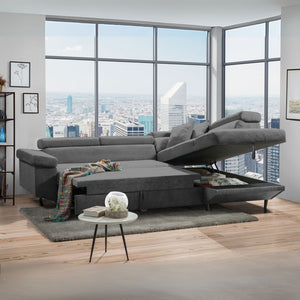 Divano con funzione letto e penisola contenitore destra Denver grigio tessuto Degas92