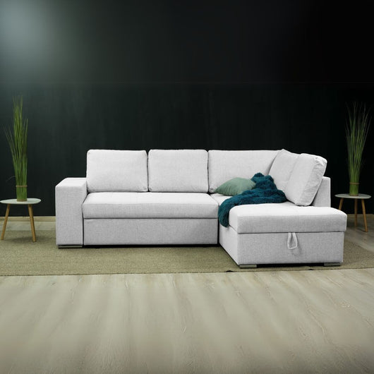 Divano letto angolare Bali con penisola contenitore in tessuto grigio chiaro 248x176x92H