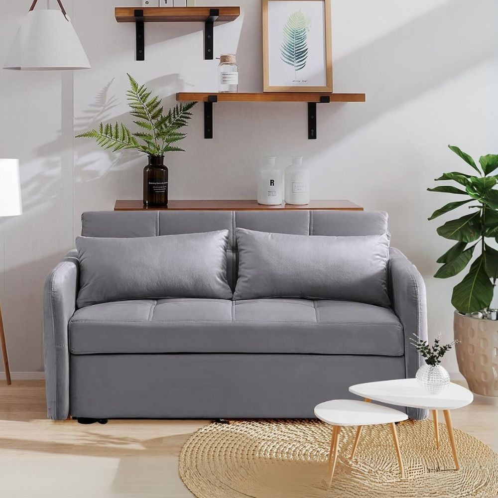 Divano letto Clorene in velluto grigio con porta USB e tasca laterale 140,5x94,5x82H