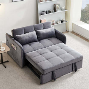 Divano letto Clorene in velluto grigio con porta USB e tasca laterale 140,5x94,5x82H