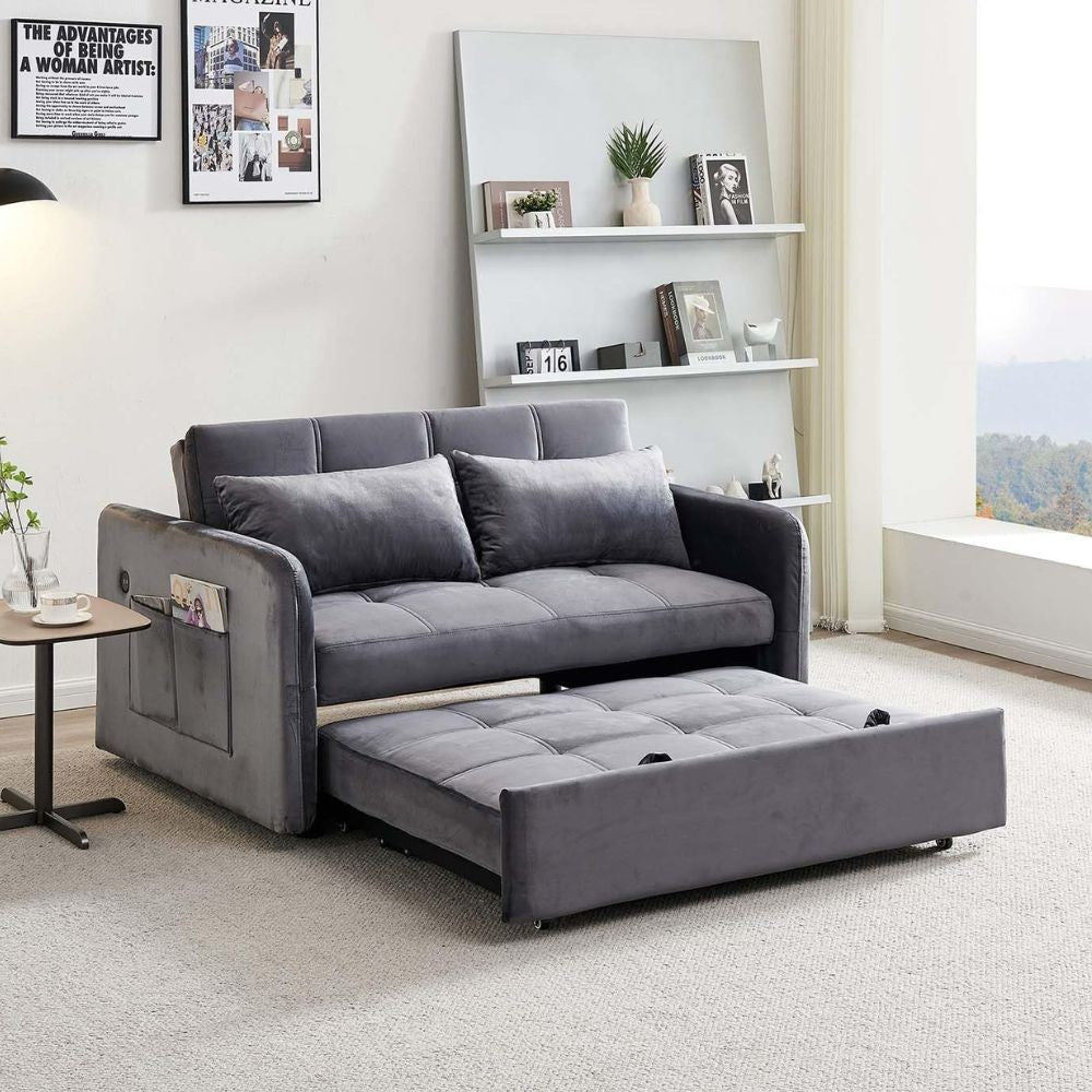 Divano letto Clorene in velluto grigio con porta USB e tasca laterale 140,5x94,5x82H