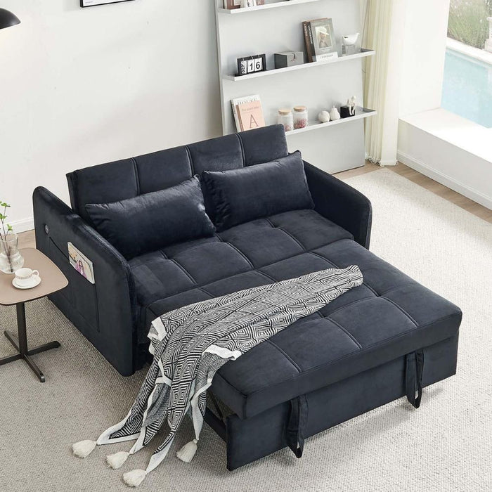 Divano letto Clorene in velluto nero con porta USB e tasca laterale 140,5x94,5x82H