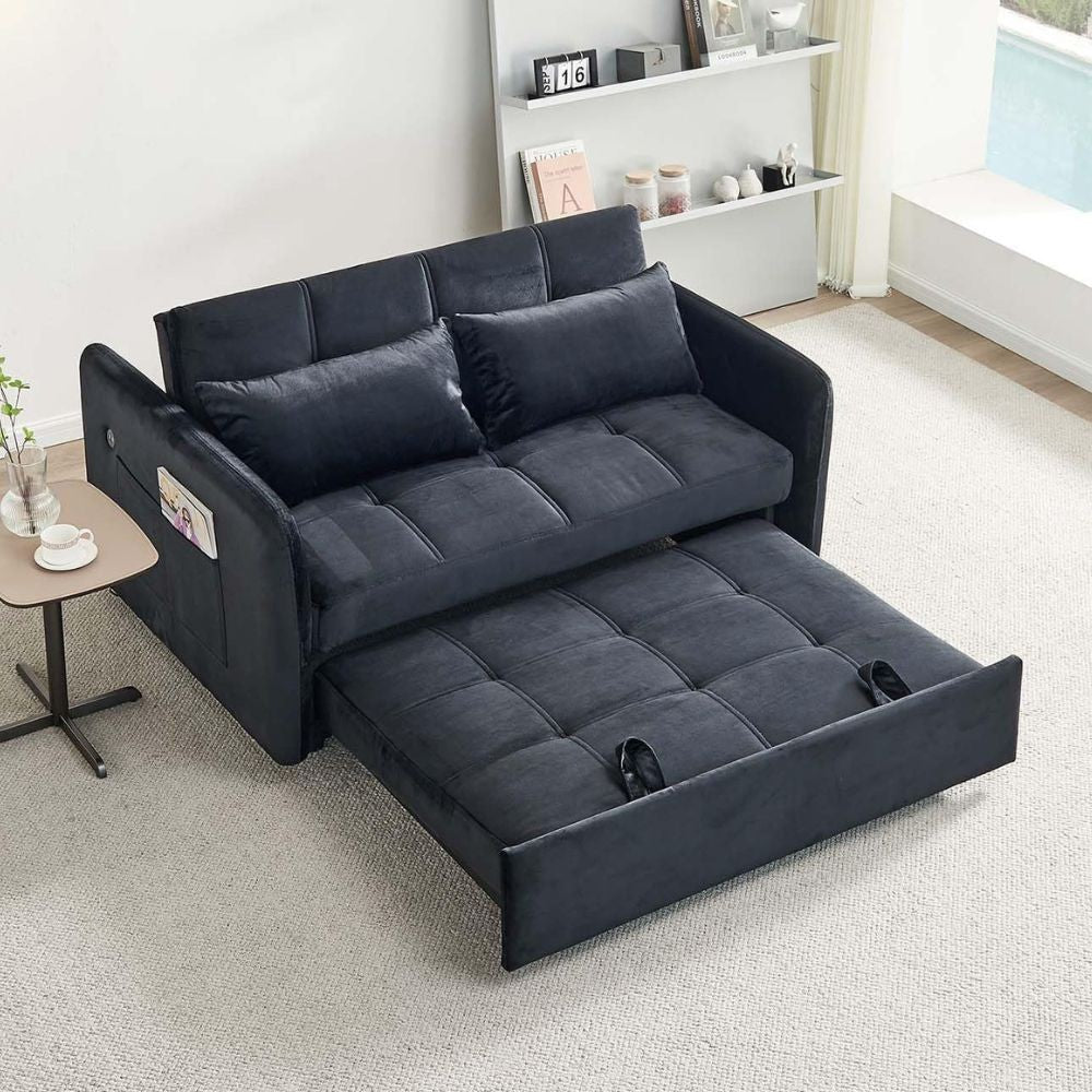 Divano letto Clorene in velluto nero con porta USB e tasca laterale 140,5x94,5x82H