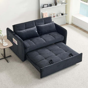 Divano letto Clorene in velluto nero con porta USB e tasca laterale 140,5x94,5x82H