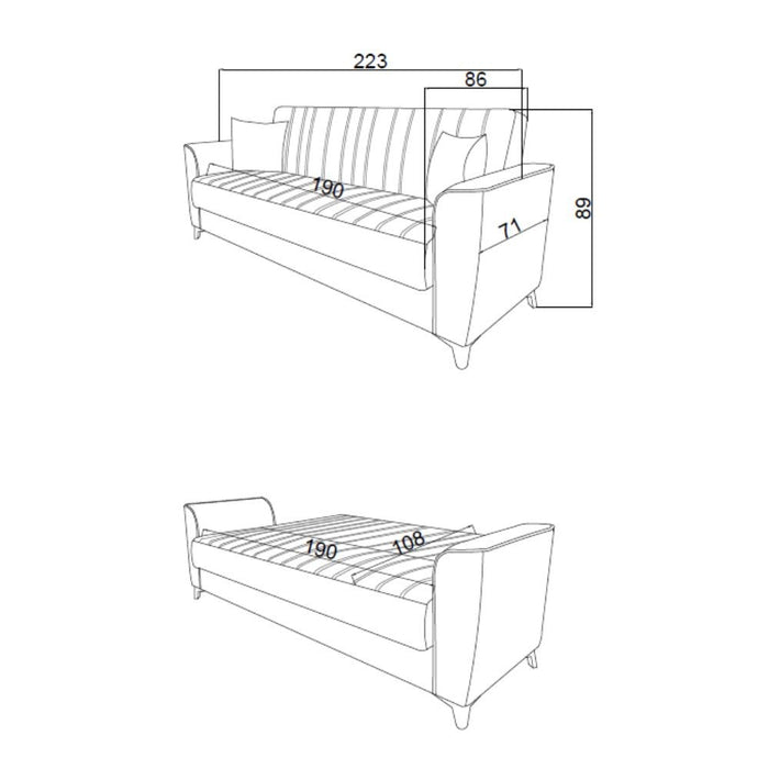 Divano letto Duca 3 posti blu con contenitore e funzione letto 223x86x89H