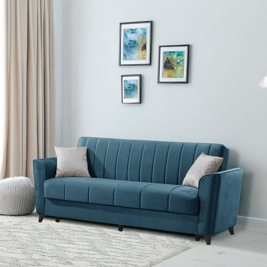 Divano letto Duca 3 posti blu con contenitore e funzione letto 223x86x89H