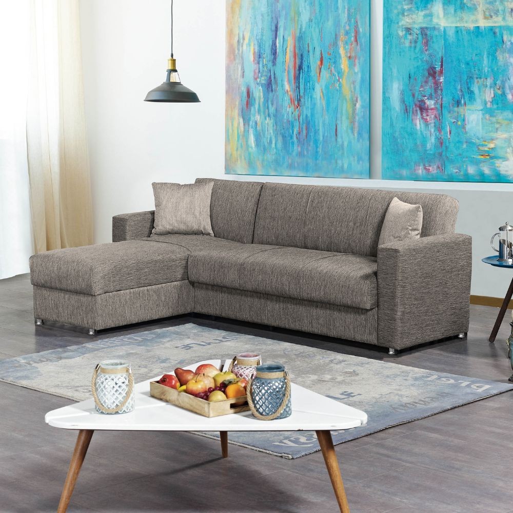 Divano letto Dugo con penisola contenitore reversibile in tessuto tortora 230x150x80H