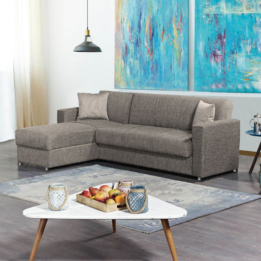 Divano letto Dugo con penisola contenitore reversibile in tessuto tortora 230x150x80H