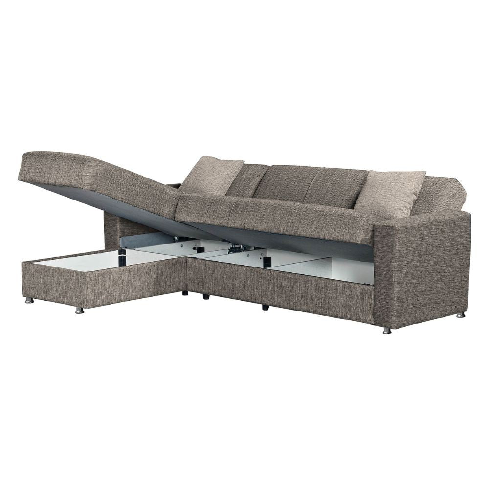 Divano letto Dugo con penisola contenitore reversibile in tessuto tortora 230x150x80H