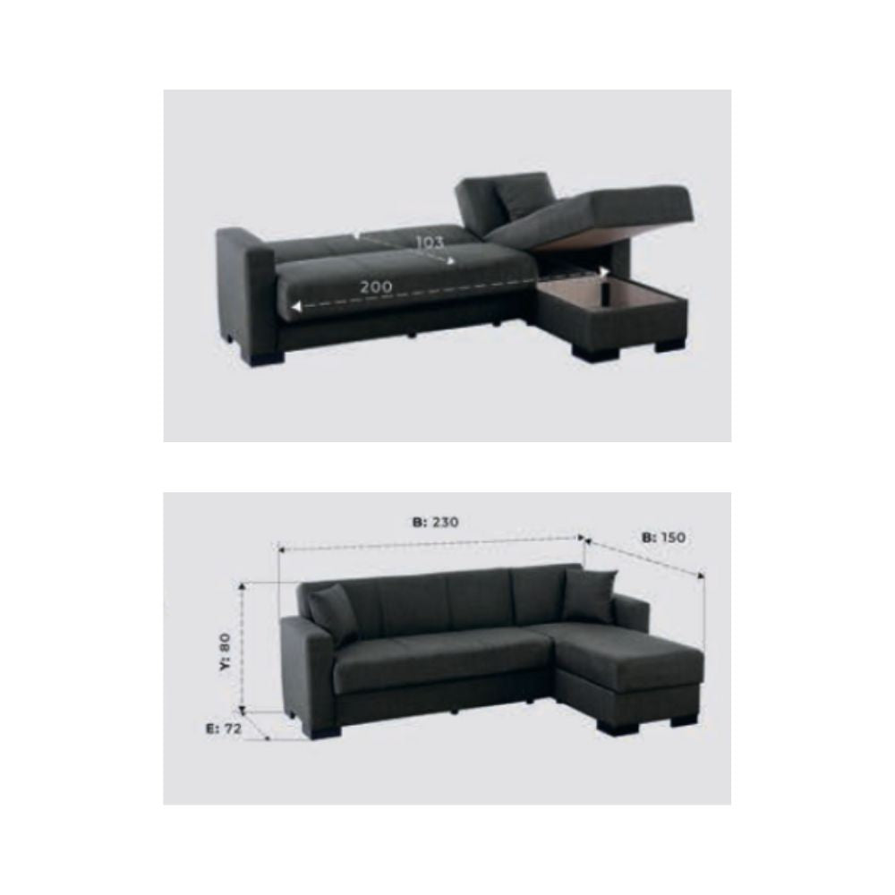 Divano letto Dugo con penisola contenitore reversibile in tessuto tortora 230x150x80H