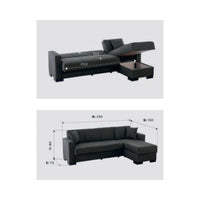 Divano letto Dugo con penisola contenitore reversibile in tessuto tortora 230x150x80H