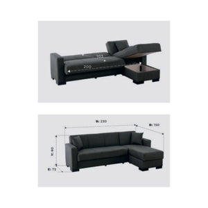 Divano letto Dugo con penisola contenitore reversibile in tessuto tortora 230x150x80H