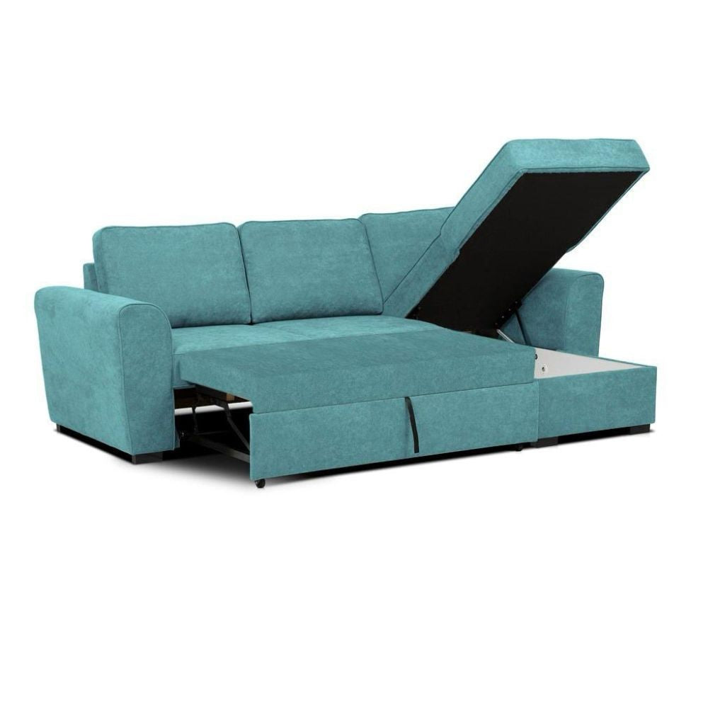 Divano letto penisola Reversibile Aston con contenitore in tessuto turchese 251.5x159.5x86H