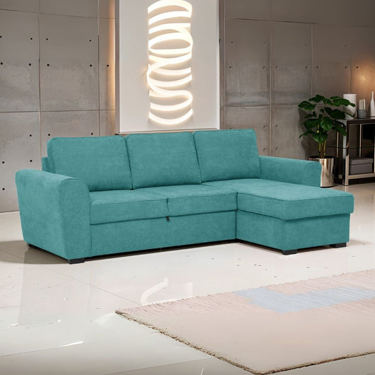 Divano letto penisola Reversibile Aston con contenitore in tessuto turchese 251.5x159.5x86H