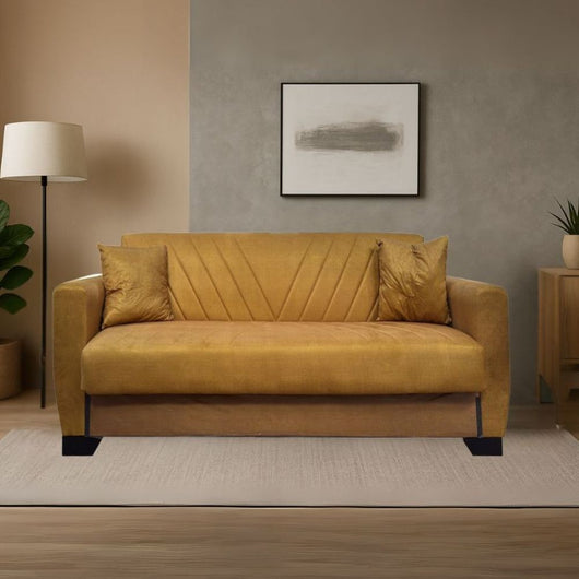 Divano letto Rianna 2 posti con contenitore in tessuto giallo 146x82x85H