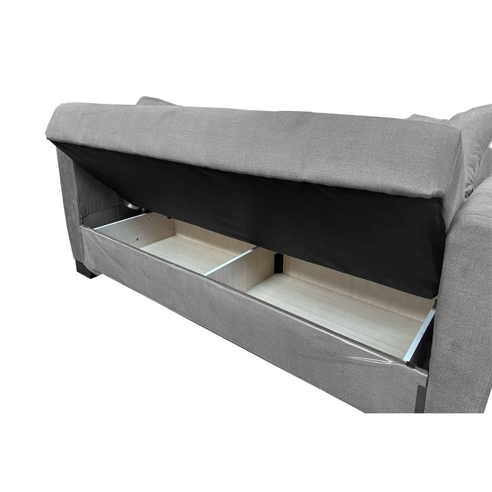 Divano letto Rianna 2 posti con contenitore in tessuto grigio 146x82x85H