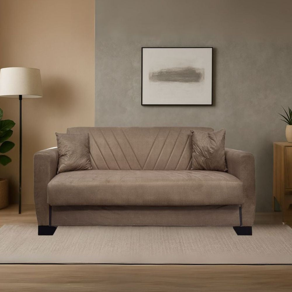 Divano letto Rianna 2 posti con contenitore in tessuto marrone 146x82x85H