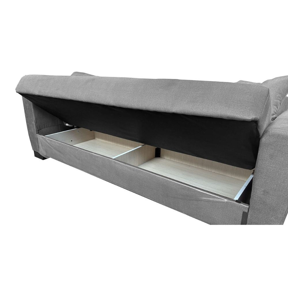 Divano letto Rianna 3 posti con contenitore in tessuto grigio 206x82x85H
