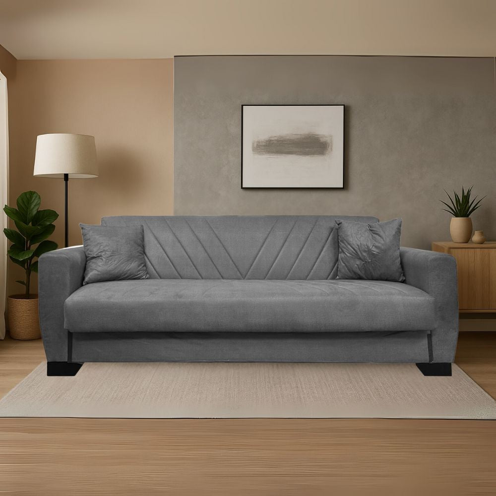 Divano letto Rianna 3 posti con contenitore in tessuto grigio 206x82x85H