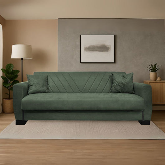 Divano letto Rianna 3 posti con contenitore in tessuto verde 206x82x85H