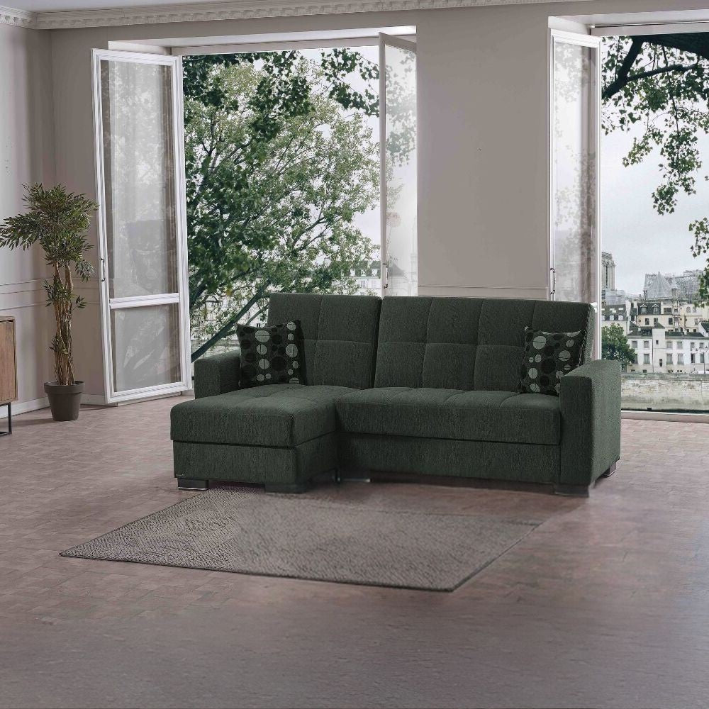 Divano penisola reversibile funzione letto e doppio contenitore tessuto verde oliva Fermina Lounge 240x138x99H