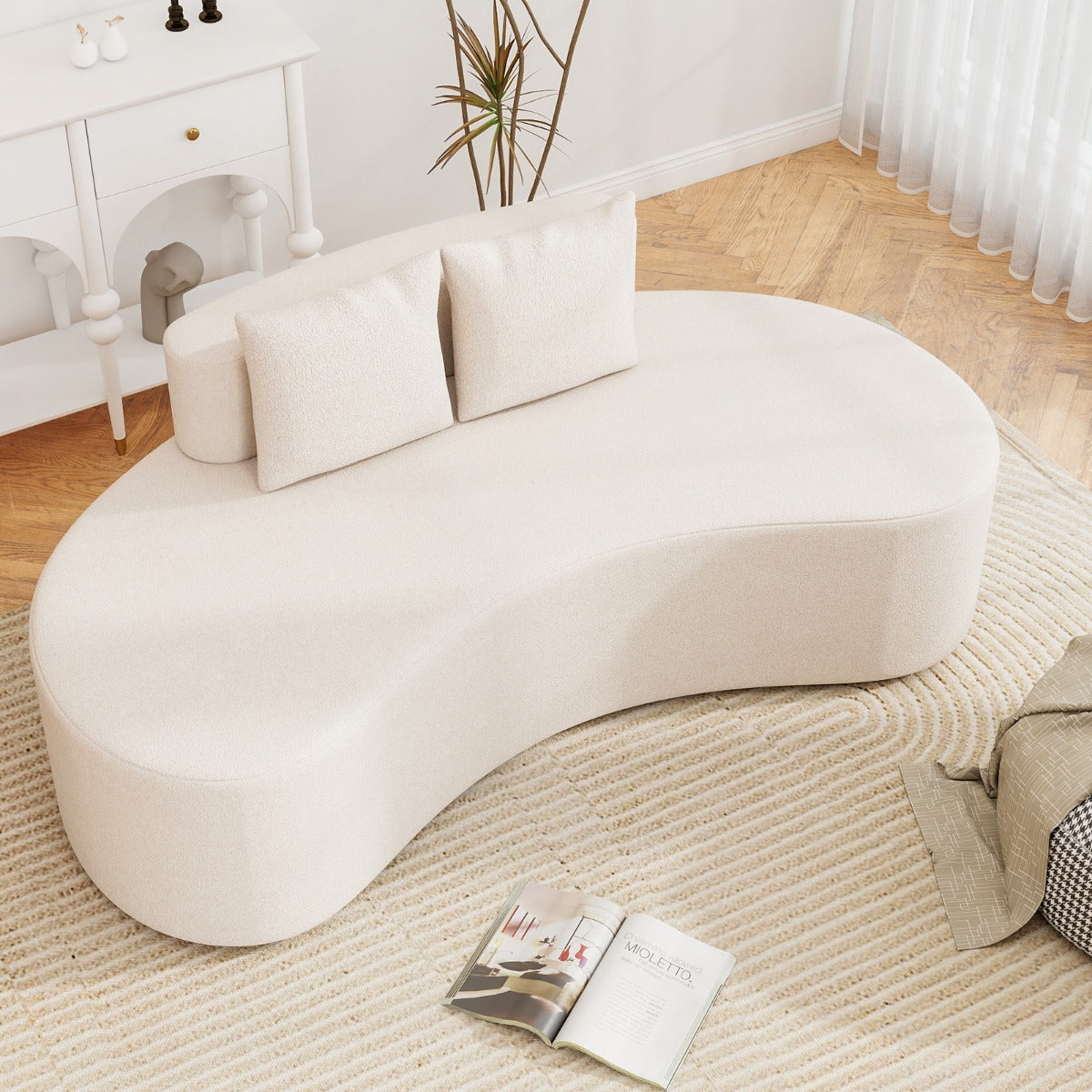 Divano curva divano imbottito curvo con 2 cuscini accoglienti schienale basso,Divano a pavimento moderno per soggiorno Beige-Divani da terra