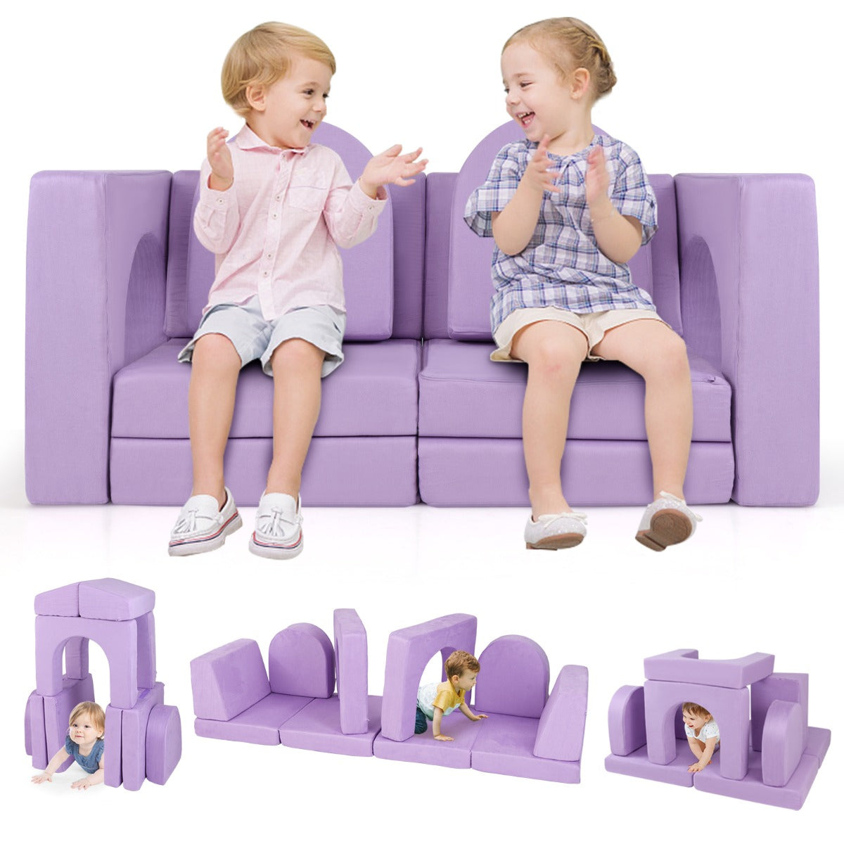 Divano giocattolo per bambini a 8 pezzi con coperture lavabili, Set di gioco modulare convertibile in schiuma Viola-Divani per bimbi