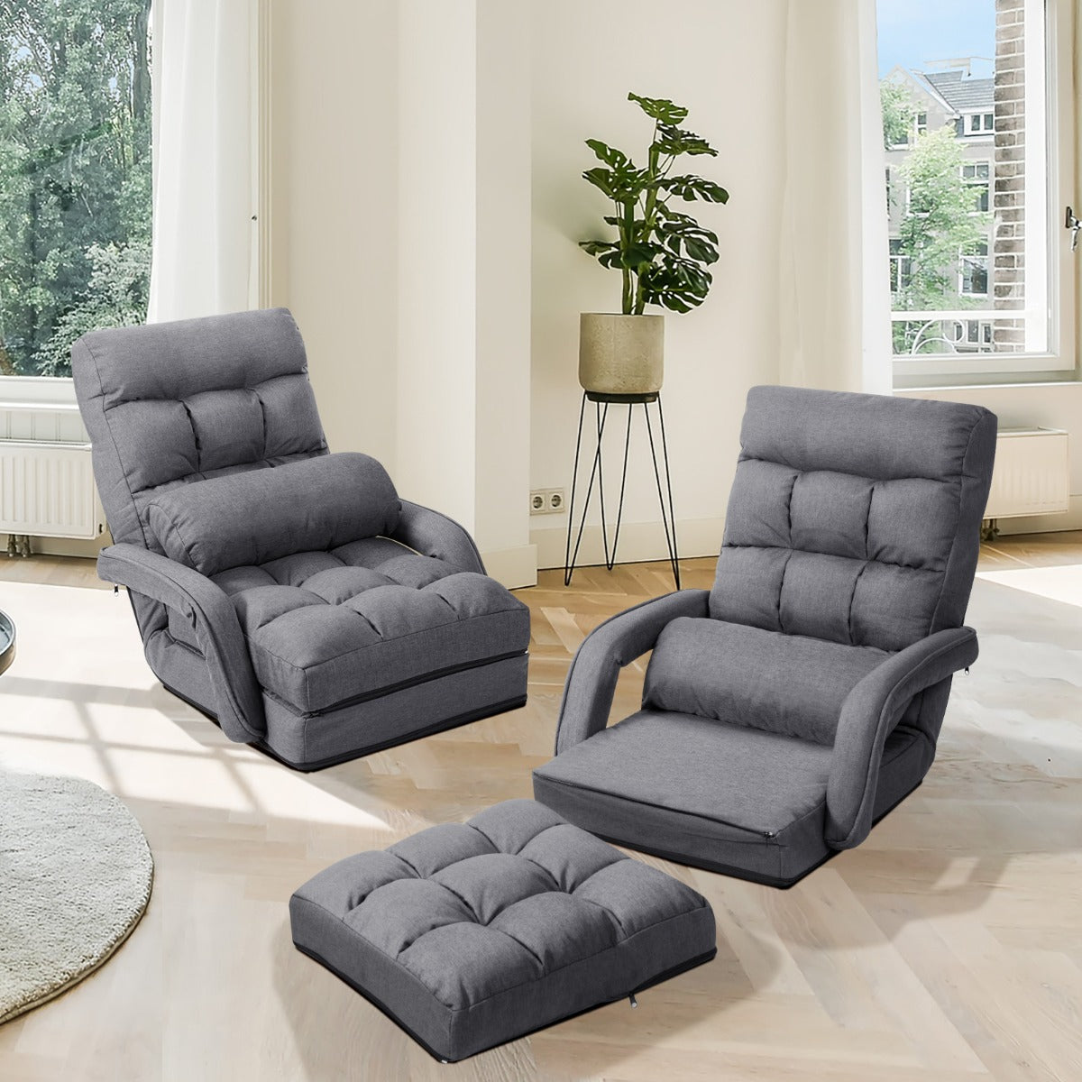 Divano letto-Dormeuse in tessuto regolabile in 5 livelli con braccioli e cuscino pieghevole da terra 173x67x12cm Grigio scuro