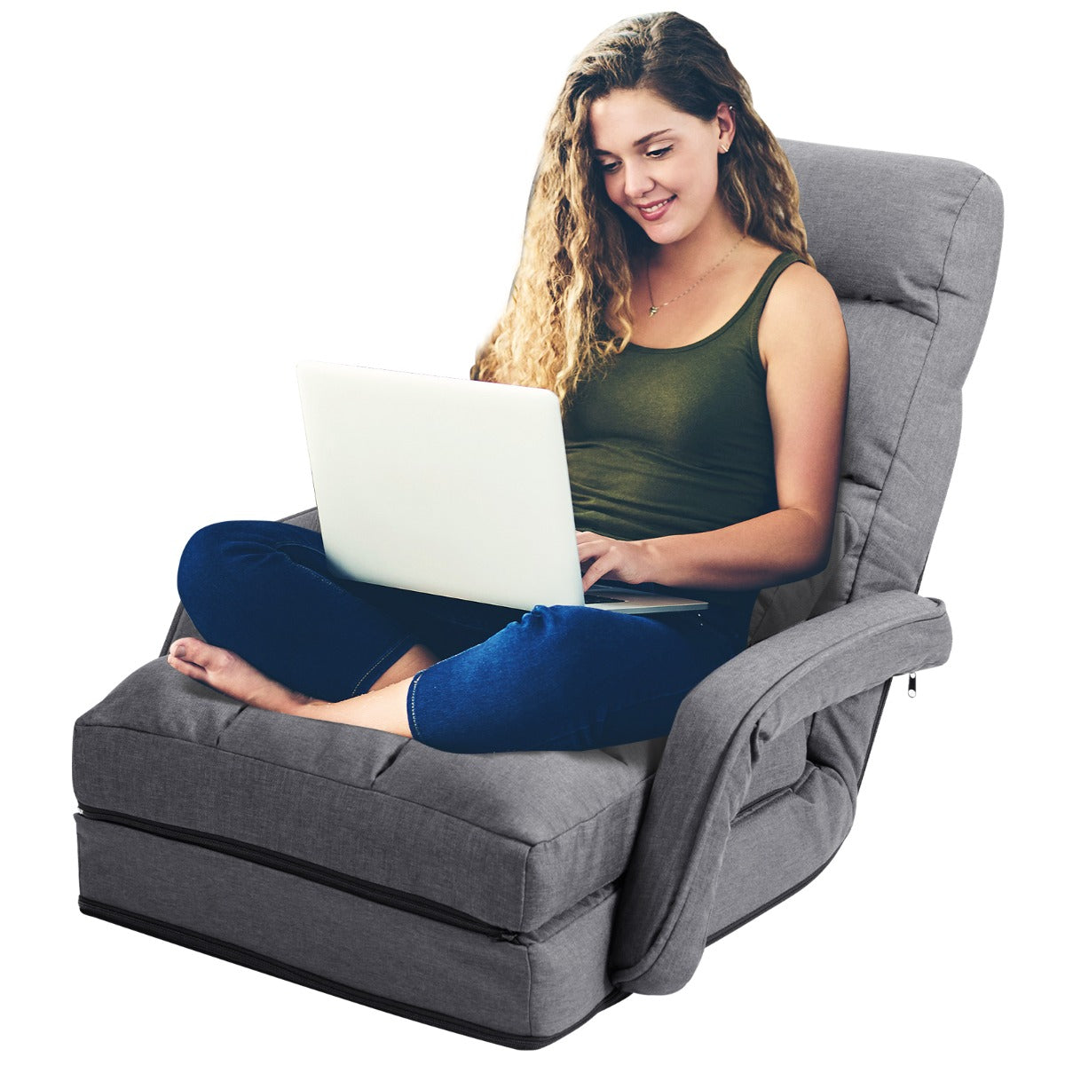 Divano letto-Dormeuse in tessuto regolabile in 5 livelli con braccioli e cuscino pieghevole da terra 173x67x12cm Grigio scuro
