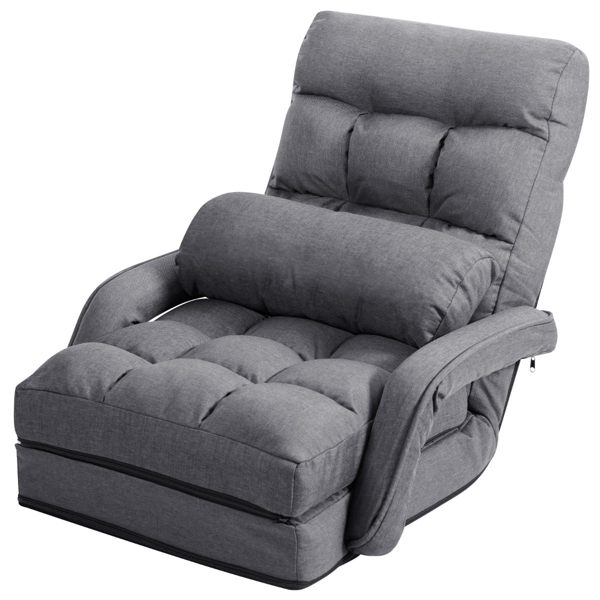 Divano letto-Dormeuse in tessuto regolabile in 5 livelli con braccioli e cuscino pieghevole da terra 173x67x12cm Grigio scuro