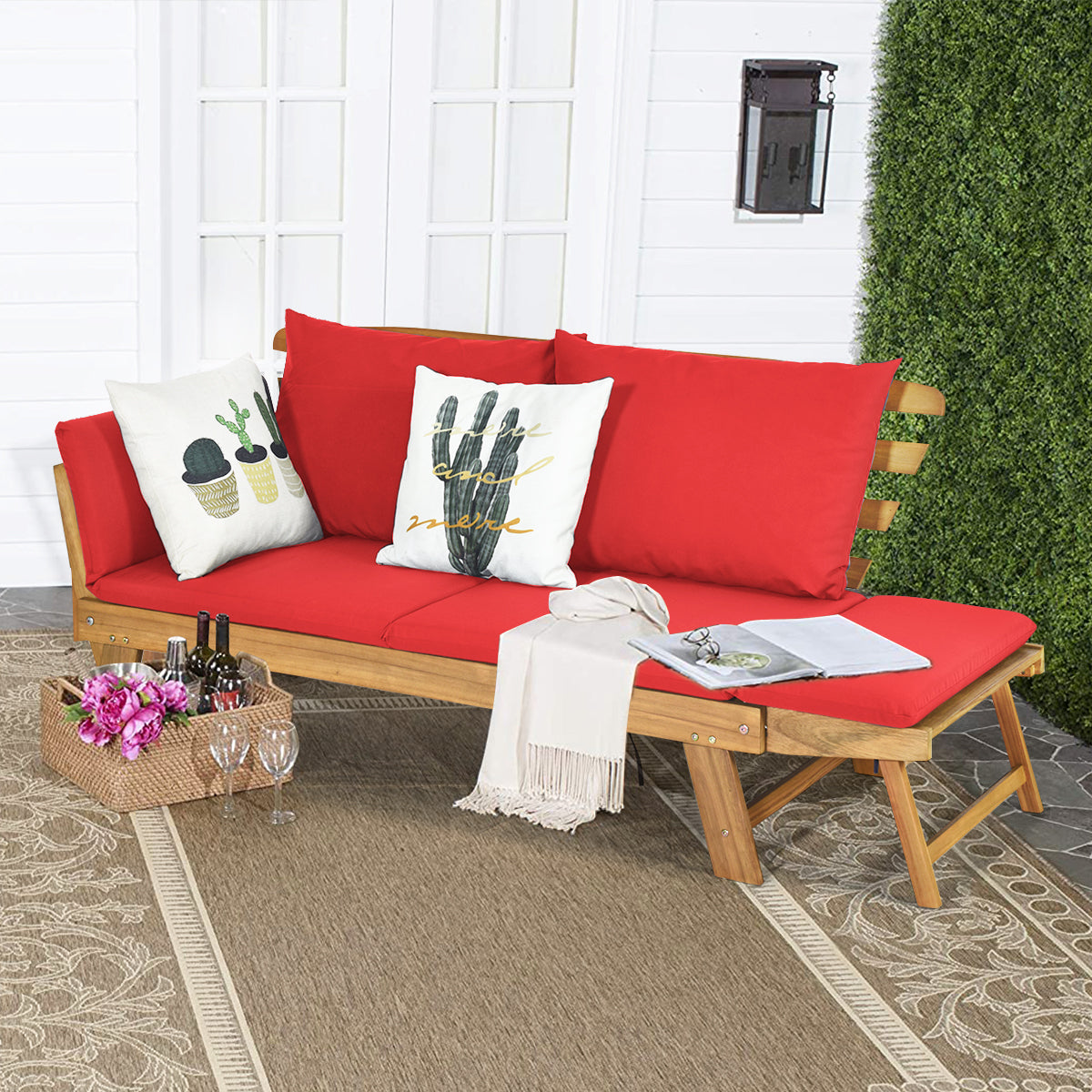 Divano letto convertibile in legno d'acacia con braccioli regolabili cuscini, Chaise longue da esterno Rosso-Poltrone e sdraio