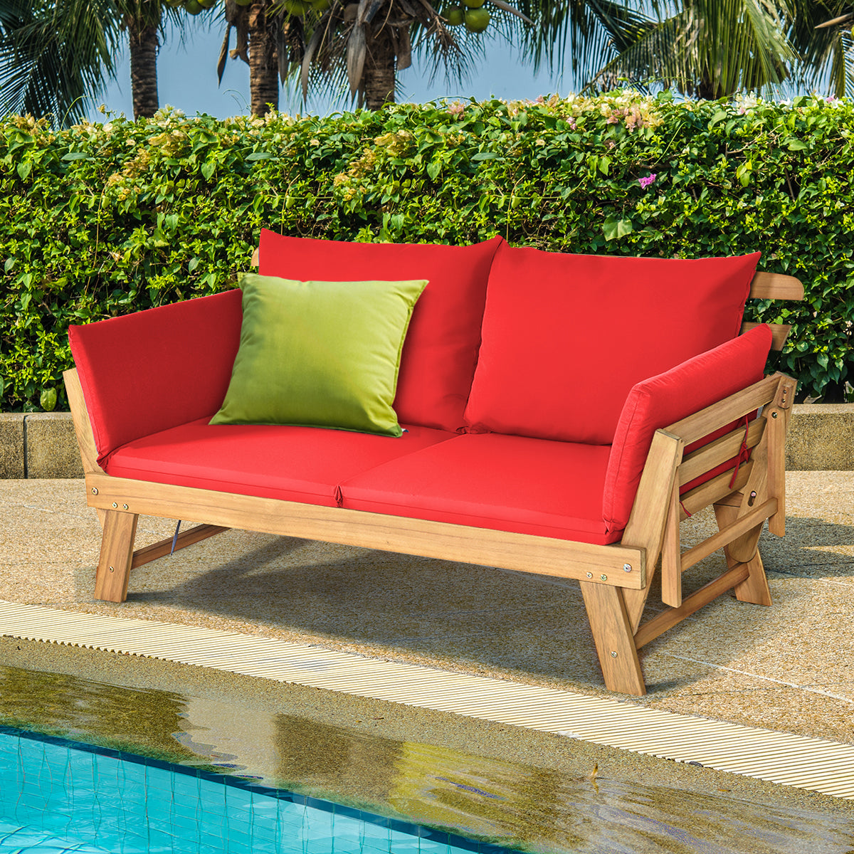 Divano letto convertibile in legno d'acacia con braccioli regolabili cuscini, Chaise longue da esterno Rosso-Poltrone e sdraio