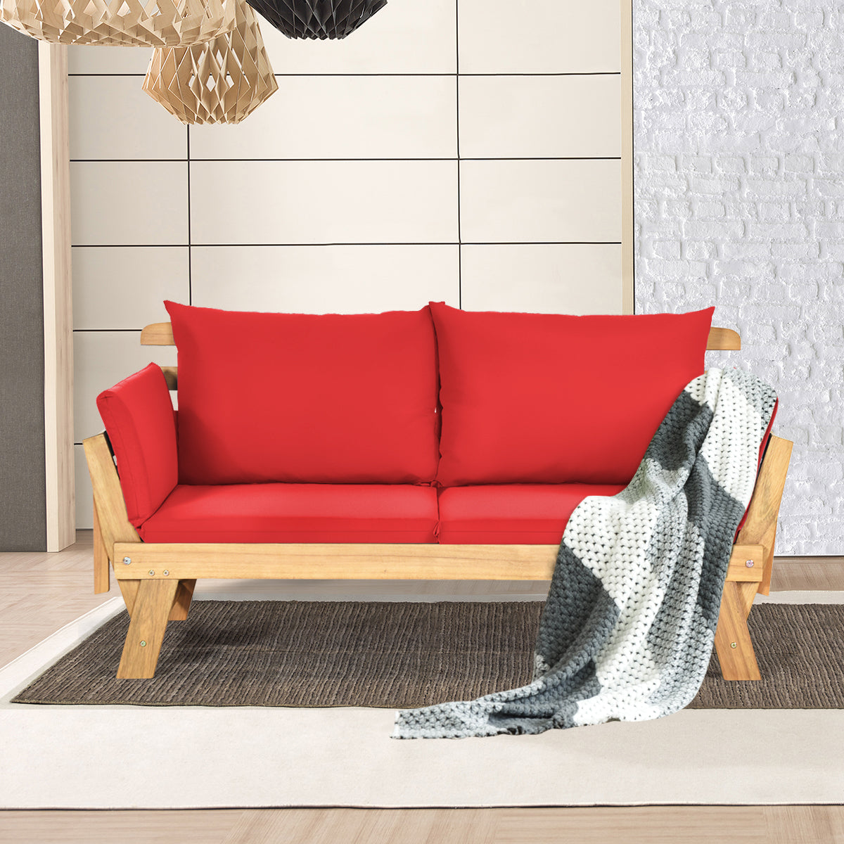 Divano letto convertibile in legno d'acacia con braccioli regolabili cuscini, Chaise longue da esterno Rosso-Poltrone e sdraio